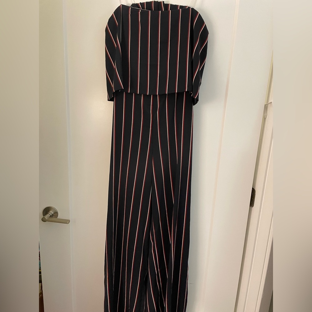 Wide leg striped strapless navy jumpsuit